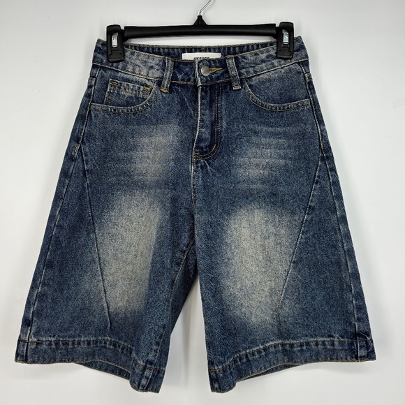 KKSHOP Womens Small XS 160/64A Bermuda Jean Shorts Wide Leg Blue Denim 5-Pocket - Picture 1 of 11